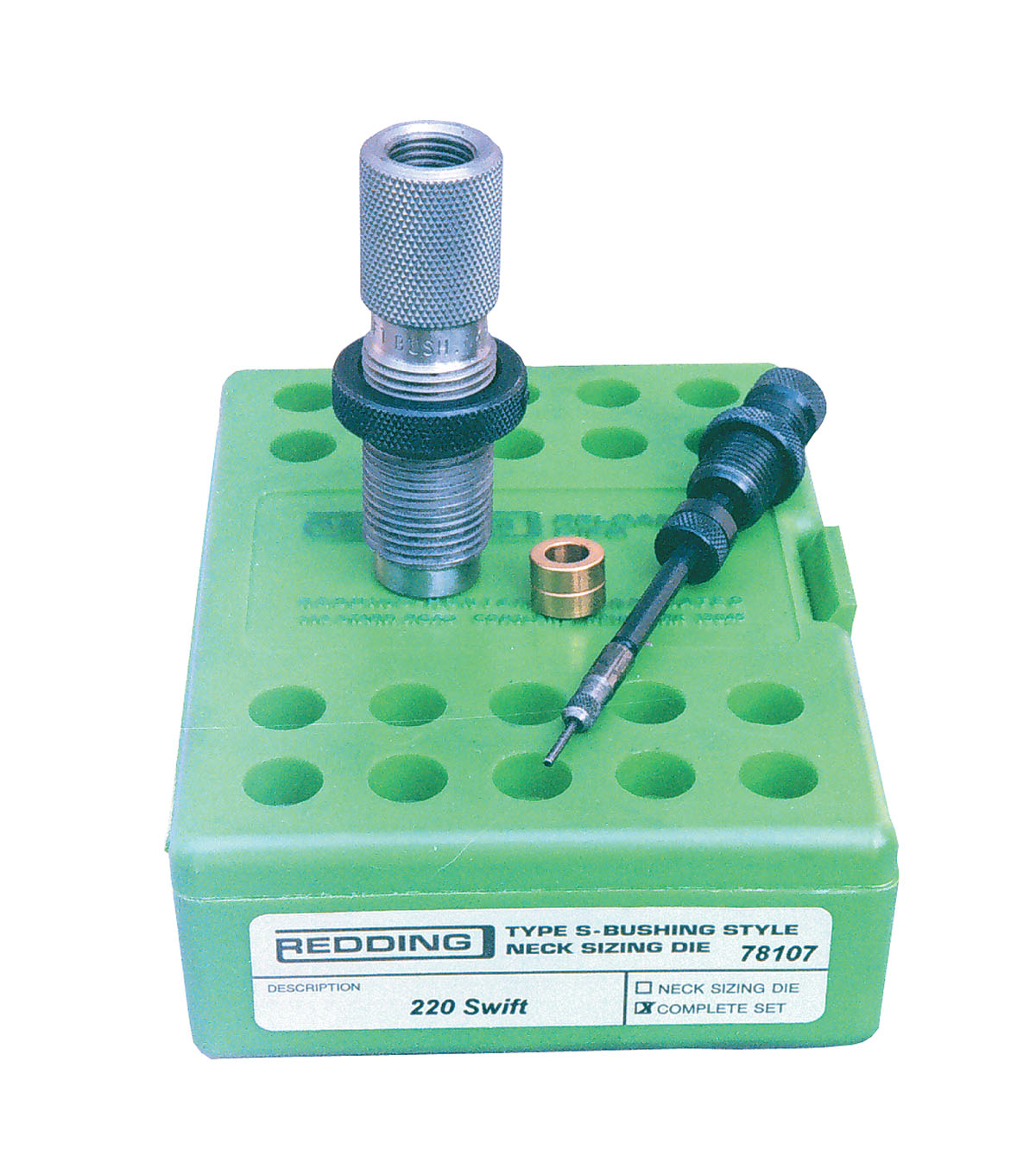 Redding .220 Swift dies feature a neck-sizing die with Type-S bushing used to correctly size necks of Ken’s R-P cases for a tension grip on .224-inch bullets.